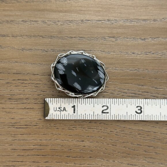 Vintage Brooch Pin Pendant Oval Snowflake Obsidian Stone Silver Tone - Picture 5 of 11